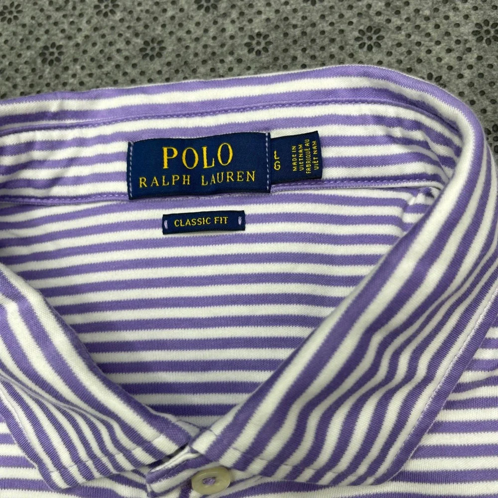 Polo Ralph Lauren Mens Large Purple White Striped Classic Fit Cotton Polo Shirt